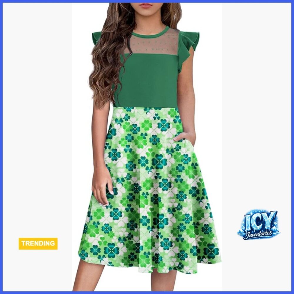 Girls Formal Dress with Ruffle Sleeves Mesh Knee Length A Line Pockets